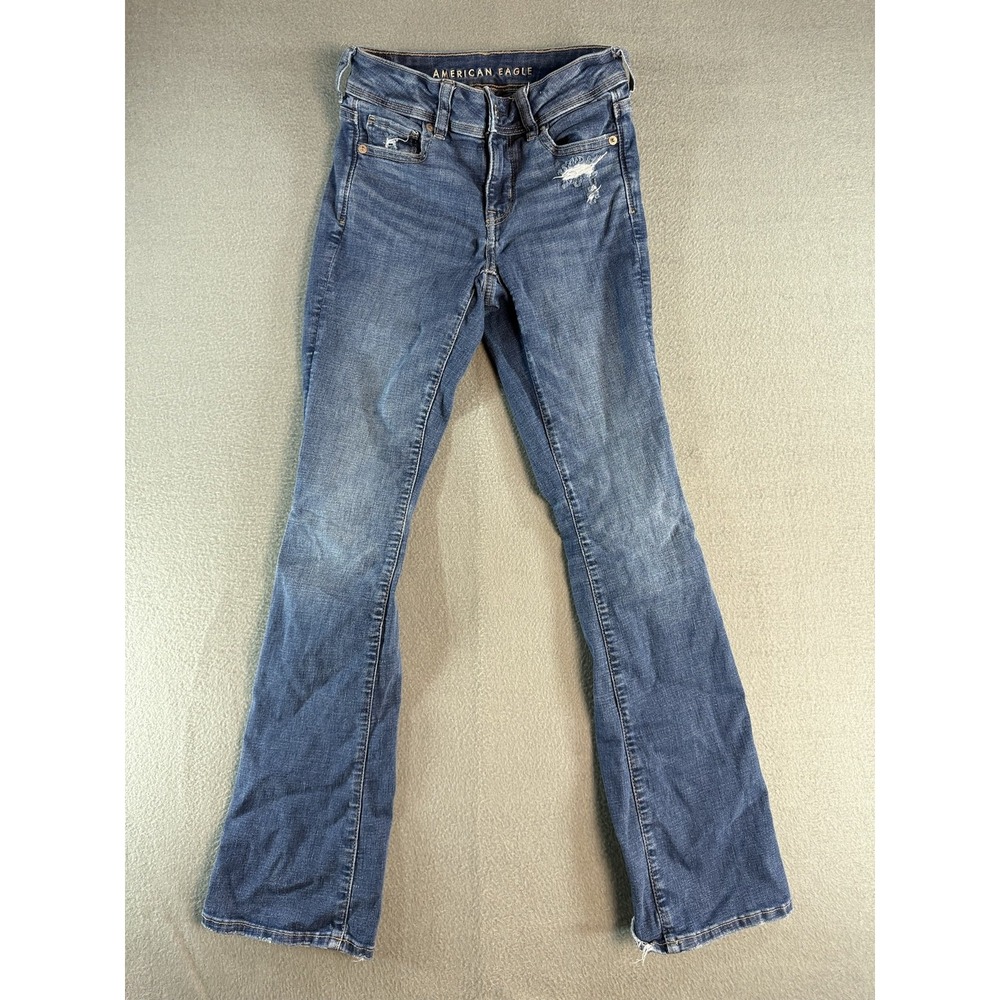 American Eagle Kick Boot Jeans Womens 0 Med Wash Blue Low Rise Distressed Denim
